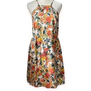 Tulle Floral Silky Dress - Halter Cut - size women's medium - red orange yellow